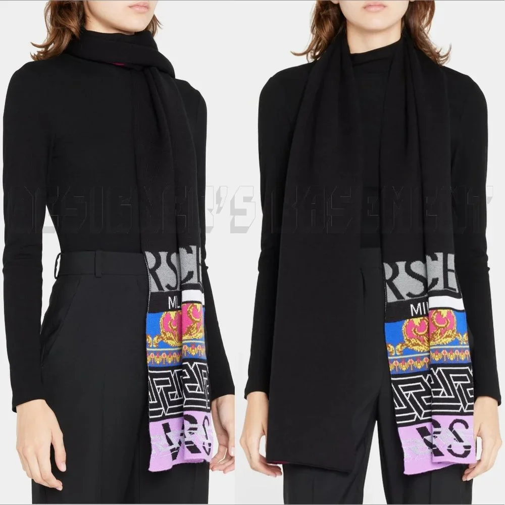 VERSACE Medusa Renaissance Greca Pattern Logo Intarsia wool blend knit scarf NWT - Picture 10 of 10